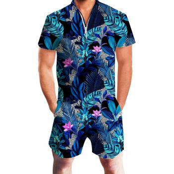 Kurzärmel‑Overalls für Herren im blauen Blumenprint – Hawaiian Design