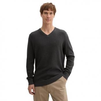TOM TAILOR Herren Strickpullover, grau, Uni, V-Ausschnitt, Größe L