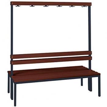 Banc de vestiaires Wolf, 1500 mm, lattes PVC, 2 x 6 patères doubles, brun