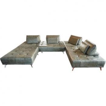 WioLo Ecksofa aus Leder, moosgrün, mit passendem Hocker