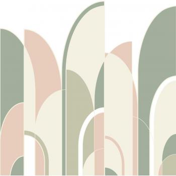 Papier Peint Murale Art Déco Vert Grisé, Rose Pêche et Blanc