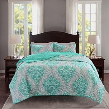 Comfort Spaces Printed Pattern Quilt Coverlet, Coco Teal Damask, Twin XL