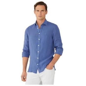 Camisa de Lino Azul Slim Fit de Hackett