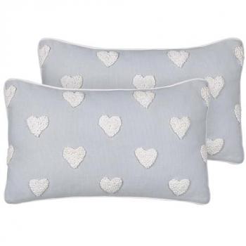 Set di 2 cuscini decorativi in cotone grigio ricamati con motivo cuori 30 x 50 cm