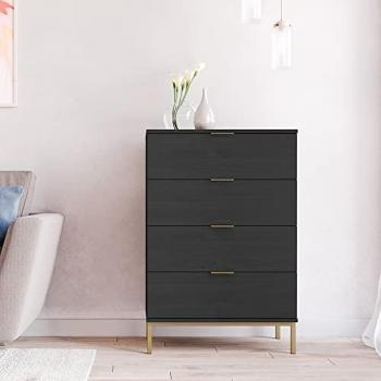 Schubkastenkommode PERIA-132, Esche schwarz Nb., 4 Schubladen, Industrial Design, mit goldfarbenem Fußgestell