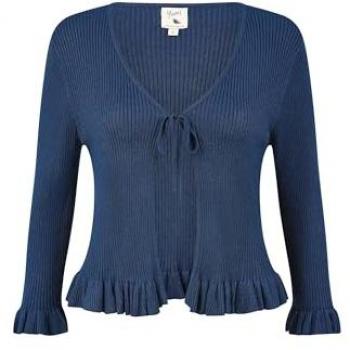 Yumi Women's Small Navy Ribbed Cardigan with Frill Hem and Tie Closure