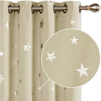 Tende termiche isolanti stampate stelle finestre, per soggiorno, occhielli, due pannelli, 132x160cm, beige scuro (Deconovo)