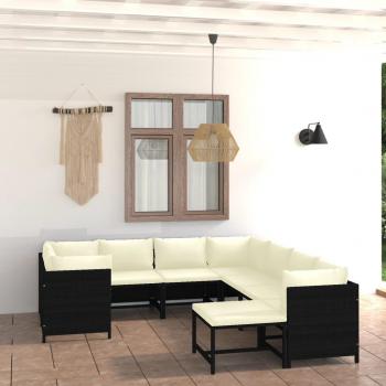 Set de muebles de exterior de 9 piezas y cojines en ratán sintético negro