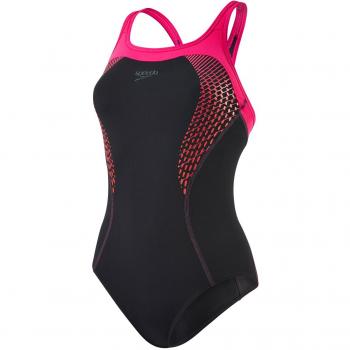 Speedo Women's Speedo Fit Kickback Swimsuit, Black/Electric Pink/Lava Red, Size 10