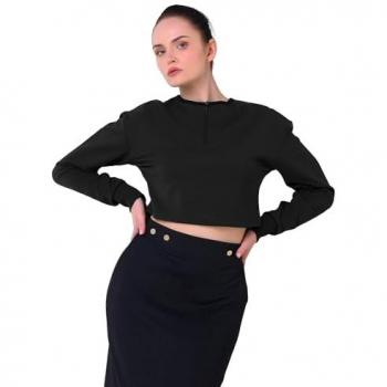 Drop Shoulder Half Zip Crop Top – Black