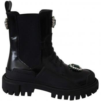 Black Leather Crystal Combat Boots