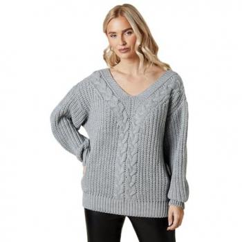 S‑Size Grey Marl Women's Slouchy Cable V Neck Top