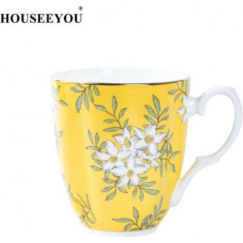 Juego de Café Inglés, Taza y Platillo de Té Negro, Porcelana de Hueso, Color Limón, Patrón Floral