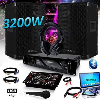 Pack DJ Sono 3200W Enceintes Ibiza Disco12 + Amplificateur MyDj 2000W + Table de Mixage DJ21 USB Bluetooth + Casque Micro