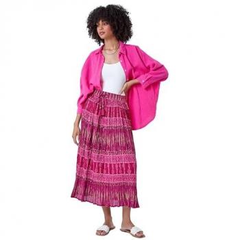 Pink Crinkle Cotton A-Line Midi Skirt with Metallic Foil