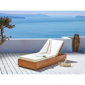 Transat de Jardin en Bois Clair avec Coussin Blanc Cassé Fanano