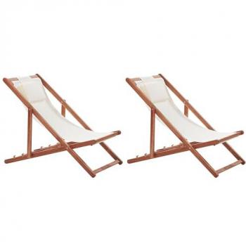 Set di 2 Sdraio Pieghevoli in Legno di Acacia Scuro con Tessuti Intercambiabili Beige e Cuscino Poggiatesta Reclinabile
