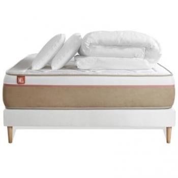 Marmottes and Co Pack matelas sommier kit Blanc Le Soyeux Ressorts ensachés et mémoire de forme avec 2 oreillers et couette Blanc 140 x 200 cm