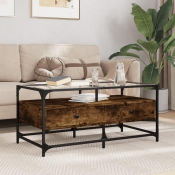 VidaXL Coffee Table Smoked Oak with Glass Top 98.5x50x45 cm Steel