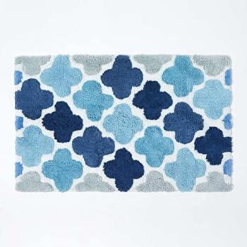 Cotton Bath Mat in Blue and Grey Pattern