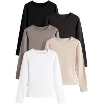 Set de 5 t-shirts longs, col rond, taille XL – Noir, Brun, Nude, Blanc