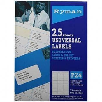 Ryman P24 Universal Label Sheet – 24 White Tags (25 sheets)