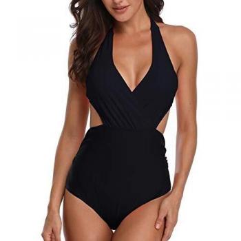 Misolin Damen Badeanzug Neckholder V-Ausschnitt Rückenfrei Einteiliger Bademode Bauchweg Cutouts Strandbikini, Schwarz, Größe L