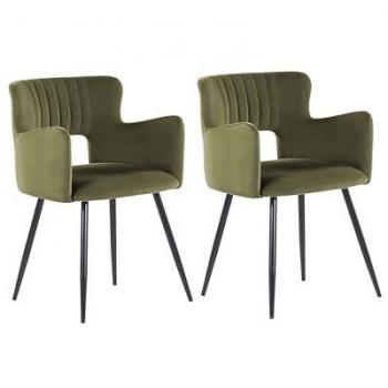 Lot de 2 chaises de salle à manger en velours vert olive avec accoudoirs et dossier découpé, pieds en métal noir Sanilac