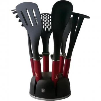 Set de Utensilios Berlinger Haus Burgundy 6 Piezas de Nylon con Soporte Giratorio 360°, Antiadherentes y Resistentes hasta 200ºC, Rojo
