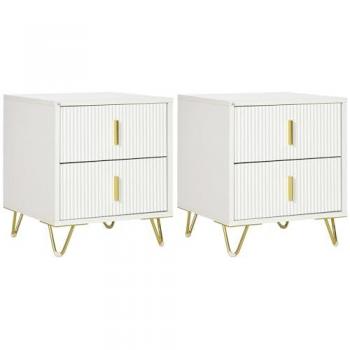 HOMCOM Conjunto de 2 Mesitas de Noche Modernas con 2 Cajones, Patas de Metal, Carga máxima 40 kg, Dimensiones 40 x 40 x 47 cm, Color Blanco