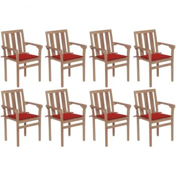 Sillas de jardín apilables con almohadas 8 piezas de teca sólida, madera maciza de teca, incluye cojines, diseño apilable