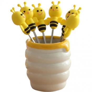 7 Pcs Cute Bee Fruit Forks with Ceramic Holder