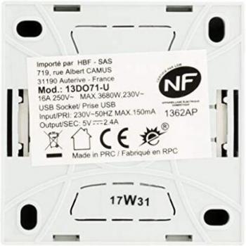 Prise 2 P+T argent avec prise USB 16A