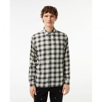 Lacoste Camisa de Hombre de Franela a Cuadros, Mezcla de Algodón y Lana, Manga Larga