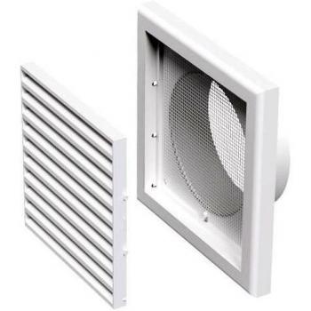 Ventilationsgitter PVC 186 mm x 186 mm, weiß, mit Insektenschutz und festem Flansch Ø 125 mm