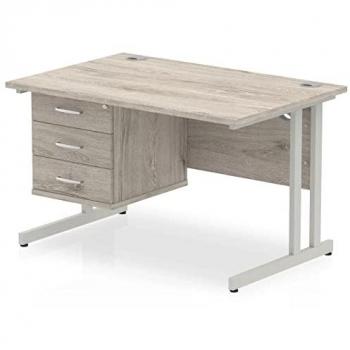 Impulse 1200 Rectangle Desk with Silver Cantilever Legs, Grey Oak Top, and 1 x 3 Drawer Fixe Pedestal