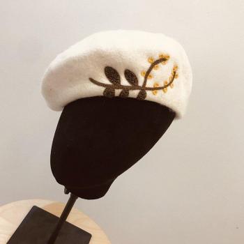 Ladies French Beret with Embroidered Leaves and Flowers