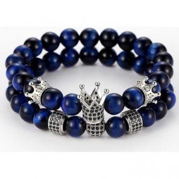 8mm Nature Blue Tiger Eye Bead Micro Pave CZ Crown Bracelet Set