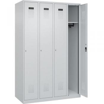 Vestiaire Evolo Plus C+P, 4 compartiments, charnières à droite, serrure cylindrique, fermeture douce, largeur 1200 mm, profondeur 500 mm, hauteur 1850 mm, couleur gris clair