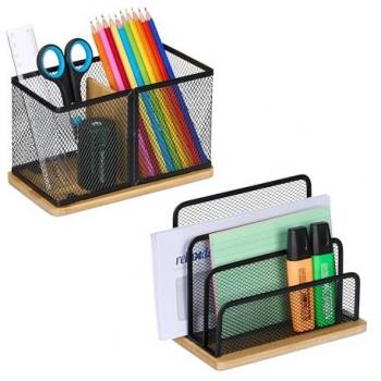 Black/Natural Desk Organizer Set, 2 Pieces, Letter Stand & Pen Holder, Metal and Bamboo