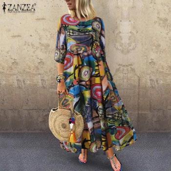 Robe longue Bohême femme imprimé floral manches 3/4, vert S