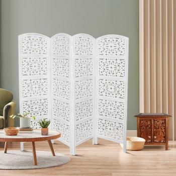 4 Panel Wooden Room Divider with Flower Design