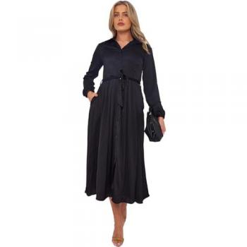 Long Sleeve Layered Satin Maxi Dress – Black