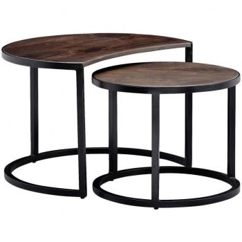 Couchtisch 2er Set Mango Massivholz / Metall Wohnzimmertisch Rund