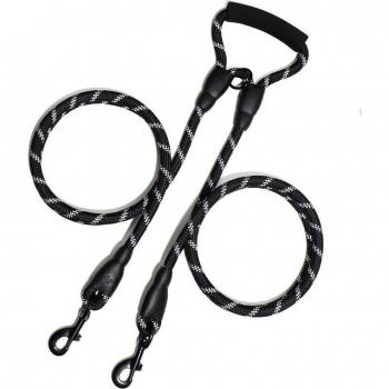 Reflective Dual Dog Leash with Soft Foam Grip and Poop Bag Holder for Large Breeds
