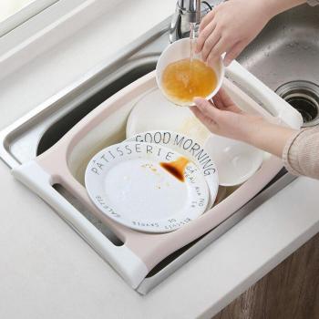 Waschbecken mit Kunststoff-Boden, verschiebbarem Schneidebord und Abtropfflächen‑Korb
