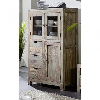 Massivholz-Vitrine Sheesham 90/45/148 cm – grau geölt (Nature Grey #62)