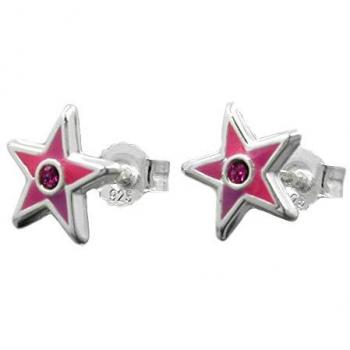 Paar Kinderohrringe Stern pink lackiert 8x8mm mit Glasstein