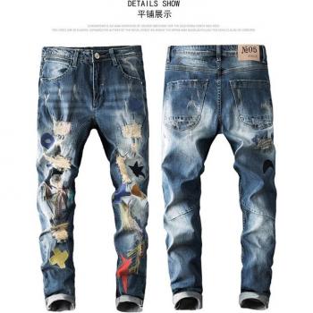 Pantalon décontracté homme en jean déchiré avec impression et broderie