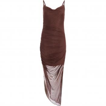 Brown Petite Shimmer Mesh Midaxi Dress
